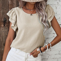 Summer Solid Color Petal Sleeve Pullover Women
