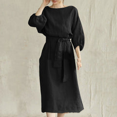 Mid-length High Waist Lace-up Solid Color Round Neck Dress