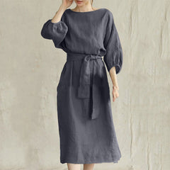 Mid-length High Waist Lace-up Solid Color Round Neck Dress