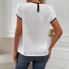 Women's Loose Casual Color Contrast Shirt Short Sleeve Commuter Ruffled Top