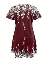 Women's Casual Round Neck Short Sleeve Vintage Versatile Mini Dress For Summer Vacation