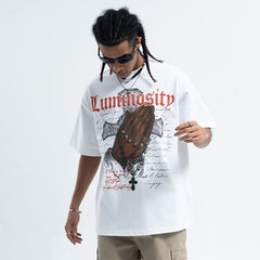 Vintage Cross Letter Printed Loose Short Sleeve T-shirt Men