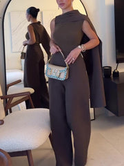Brown Sleeveless Scarf Top& High Waist Pants Suit
