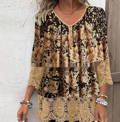 Casual Lace Printed Lace Button Top