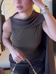 Brown Sleeveless Scarf Top& High Waist Pants Suit