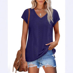 V-neck Slit Loose Sleeve Hollow Jacquard Short Sleeve
