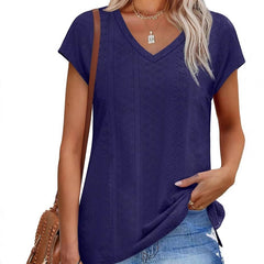 V-neck Slit Loose Sleeve Hollow Jacquard Short Sleeve