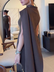 Brown Sleeveless Scarf Top& High Waist Pants Suit