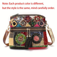 Genuine Leather Serpentine Color Handmade Casual Daily Tassel Flowers Shoulder Messenger Bag For Women