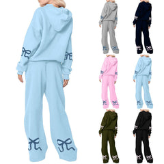 Outdoor Sports Loose Bowknot Printed Women's Casual Sweatshirt Sweatpants Suit
