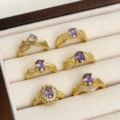 Nine Purple Fire-free Colored Gems Zircon Mid-ancient Brushed Open Ring