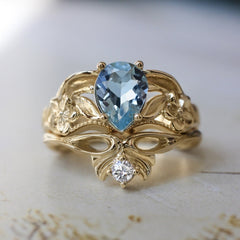 Gold Crown Sea Blue Diamond Ladies Couple Rings