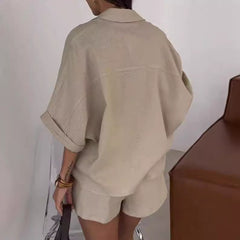 Fashion Polo Collar Half Sleeve Top And Shorts Two-piece Set