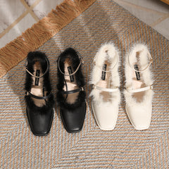 Retro Square Toe Single New Mink Fur French Style Chunky High Heels For Women