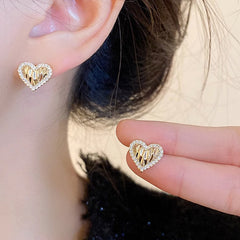 Fashion Pleated Heart-shaped Zircon Silver Pin Earrings Geometric Advanced