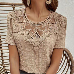 Women's Stitching Bow Tie Solid Color Hollow Round Neck Lace Short Sleeve