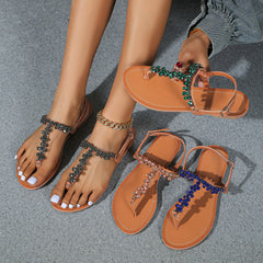 Rhinestone Flip-toe Vacation Roman Senior Drill Chain Seaside Beach Flat Sandal Slippers