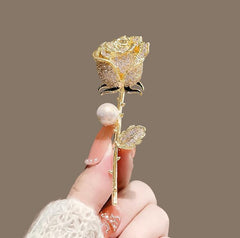 Metal Full Diamond Pearl Rose Brooch High-end And Cute