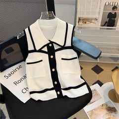 Classic Style Chic Contrast Color Lapels Sleeveless Knitwear