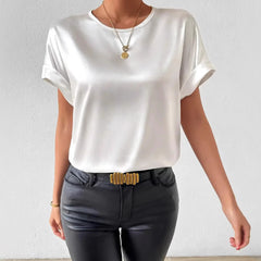 Elegant Solid Color Round Neck Short Sleeves Top T-shirt