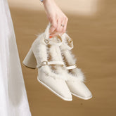 Retro Square Toe Single New Mink Fur French Style Chunky High Heels For Women
