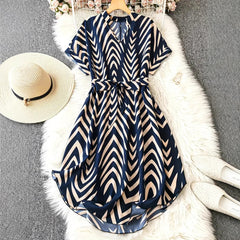 Elegant Vacation Style Springsummer Irregular Striped Midi Dress
