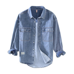Japanese-style Retro Rewash Double Bag Men's Long Sleeve Light Color Denim Shirt