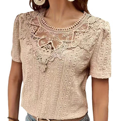Women's Stitching Bow Tie Solid Color Hollow Round Neck Lace Short Sleeve