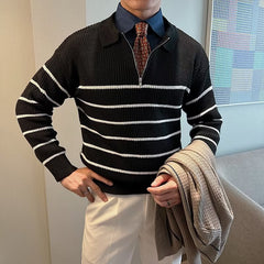 Design Half Zipper Striped Sweater For Men