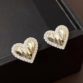 Fashion Pleated Heart-shaped Zircon Silver Pin Earrings Geometric Advanced