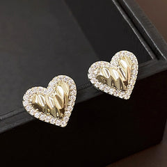 Fashion Pleated Heart-shaped Zircon Silver Pin Earrings Geometric Advanced