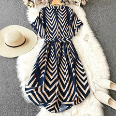 Elegant Vacation Style Springsummer Irregular Striped Midi Dress