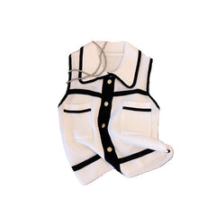 Classic Style Chic Contrast Color Lapels Sleeveless Knitwear