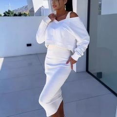 European And American Women's Clothing Vest Skirt V-neck Sweatshirt Sweater Set