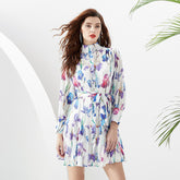 Vacation Style Stand-up Collar Puff Sleeve Wavy Edge Printing Dress
