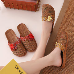 Summer Bamboo Mat Women's Linen Slippers Home Wooden Floor