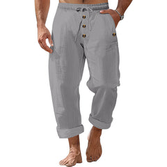 American Beach Pants Solid Color Cotton Linen Loose Drawstring Button Casual Trousers Men