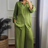 Plus-size Baggy Cotton And Linen High-waisted Suit With Buttons