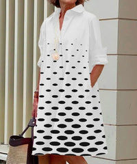 Fashion Polka Dot Print Shirt Collar Long Sleeve Pocket Mid-length Dress