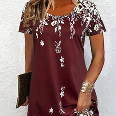 Women's Casual Round Neck Short Sleeve Vintage Versatile Mini Dress For Summer Vacation