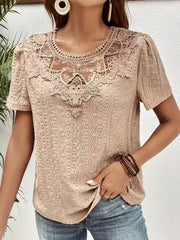 Women's Stitching Bow Tie Solid Color Hollow Round Neck Lace Short Sleeve