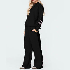 Outdoor Sports Loose Bowknot Printed Women's Casual Sweatshirt Sweatpants Suit
