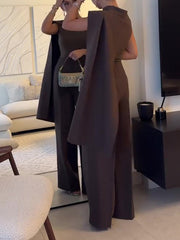 Brown Sleeveless Scarf Top& High Waist Pants Suit
