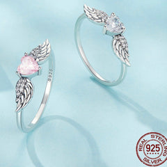 Zircon Simple Sterling Silver S925 Heart Wings Ring