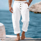 American Beach Pants Solid Color Cotton Linen Loose Drawstring Button Casual Trousers Men