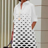 Fashion Polka Dot Print Shirt Collar Long Sleeve Pocket Mid-length Dress