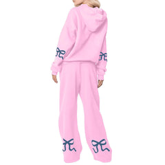 Outdoor Sports Loose Bowknot Printed Women's Casual Sweatshirt Sweatpants Suit