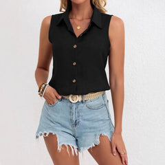 Solid Color Single-breasted Lapel Shirt Cotton And Linen Sleeveless Loose Top