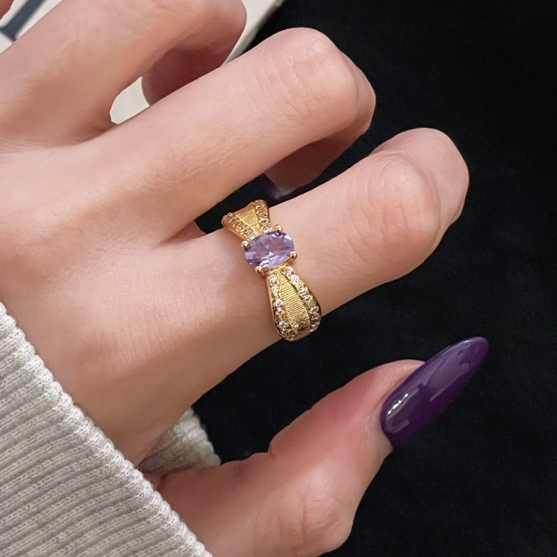 Nine Purple Fire-free Colored Gems Zircon Mid-ancient Brushed Open Ring