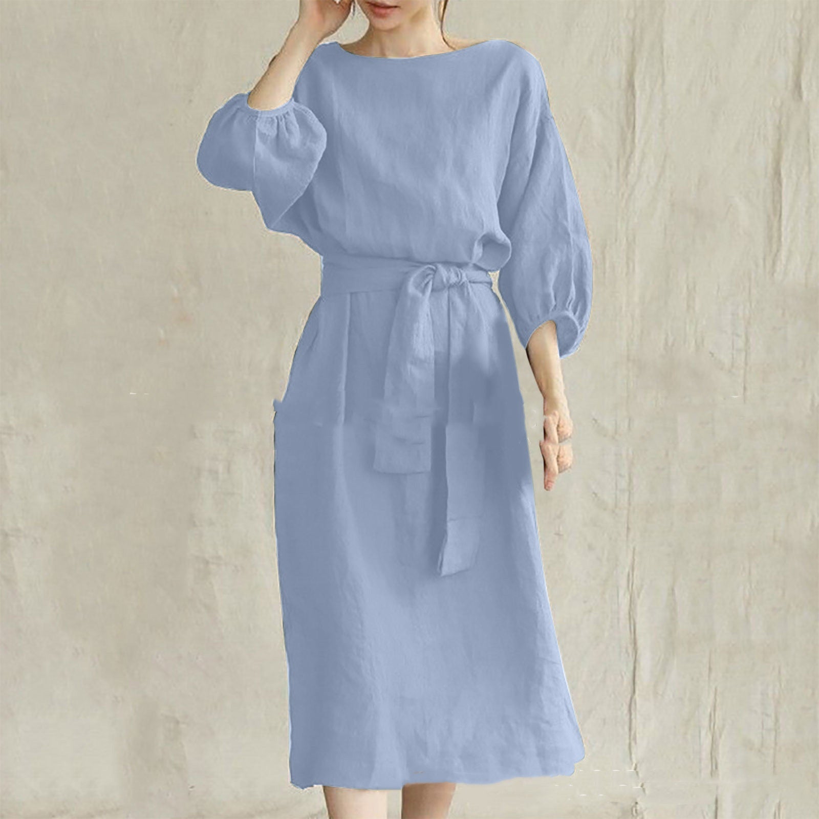 Mid-length High Waist Lace-up Solid Color Round Neck Dress